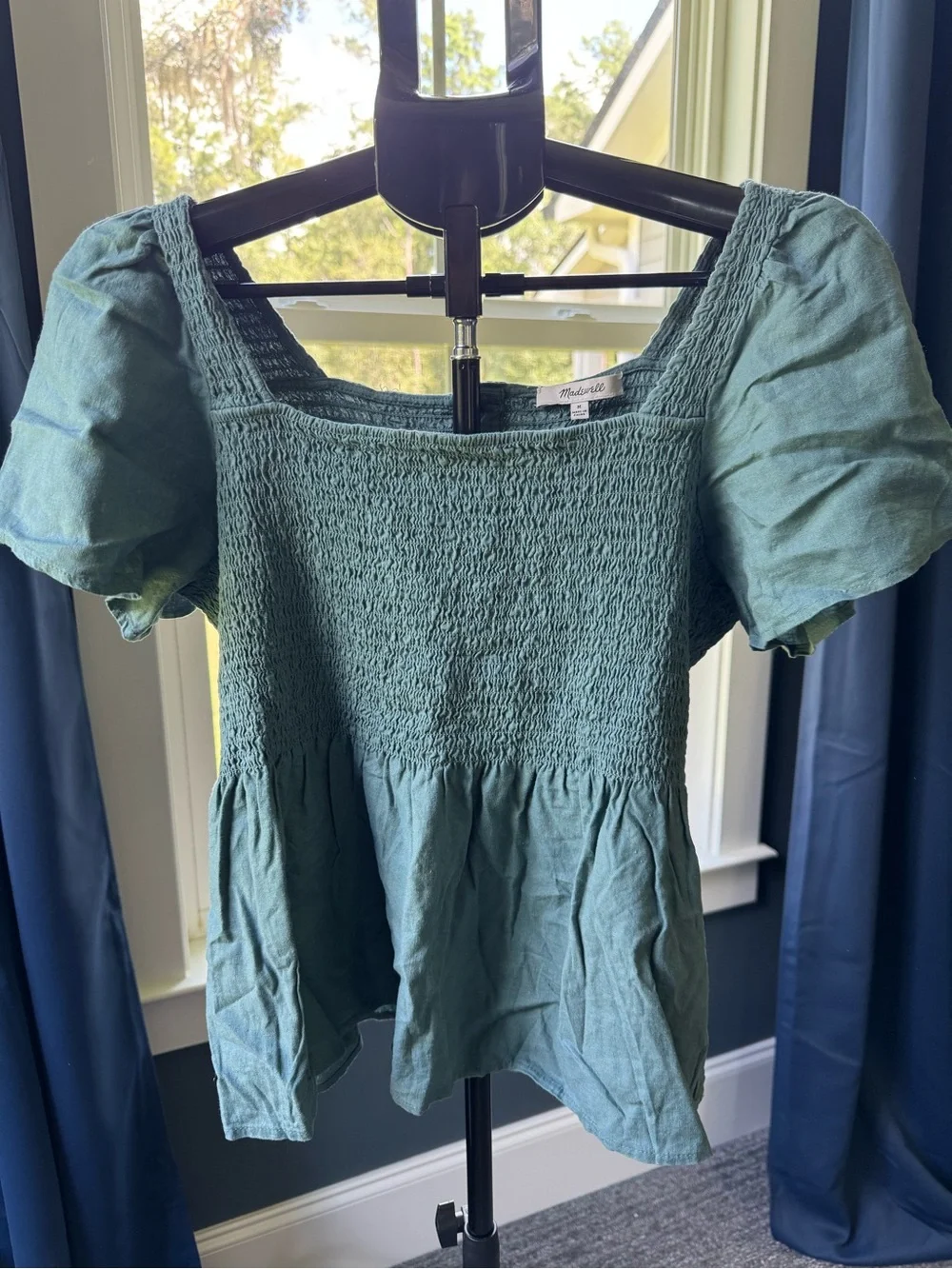 Madewell Linen-Blend Lucie Smocked Peplum Top in Faded Shale Size Medium